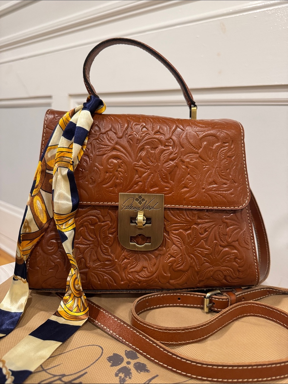 Patricia Nash Chauny Tooled Floral Embossed Brown Leather Satchel - Picture 4 of 17